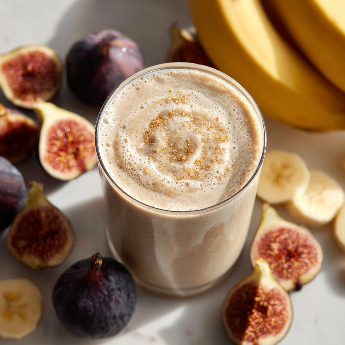 Creamy fig smoothie recipe in a glass with fresh figs and banana slices on a white counter