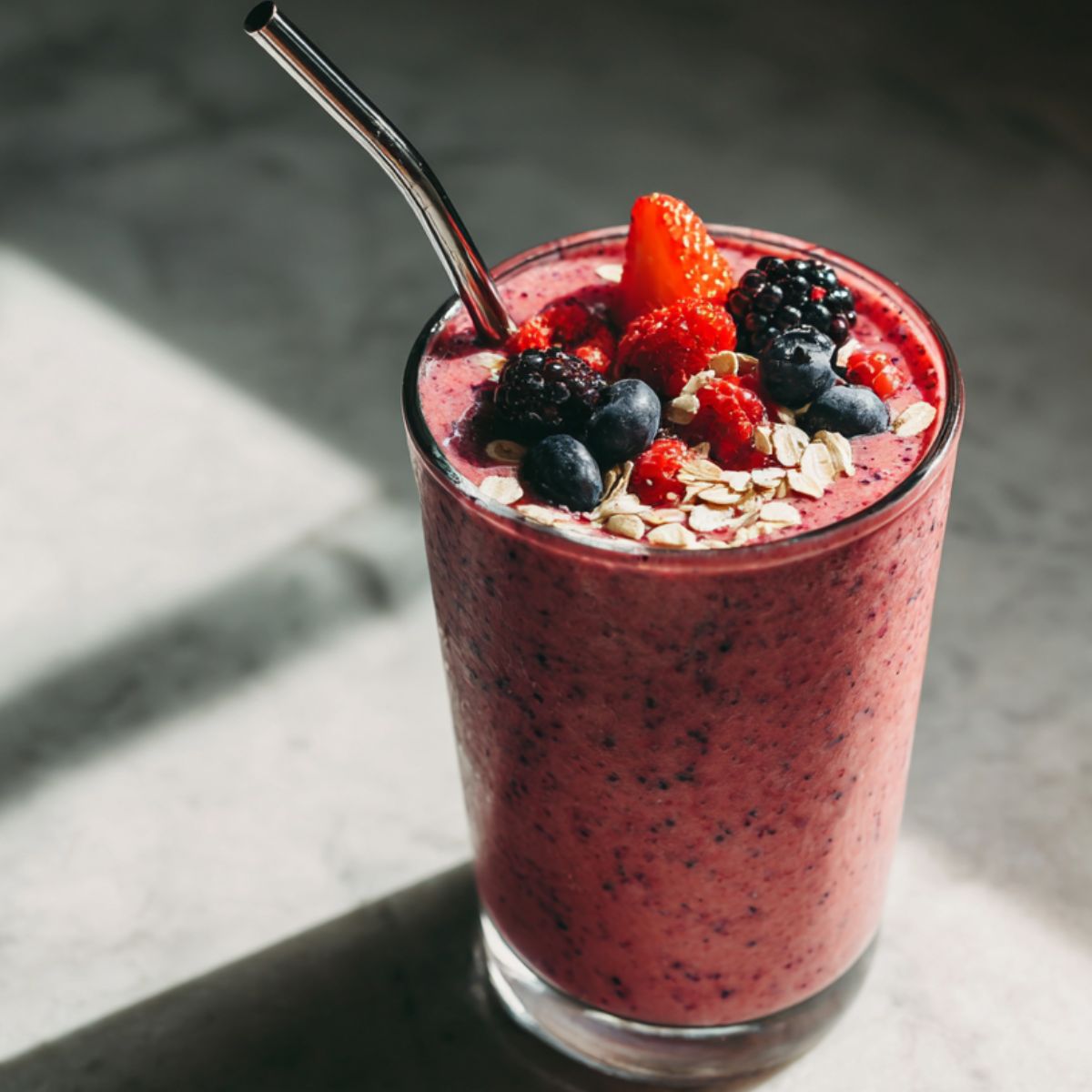 Homemade Greek yogurt smoothie recipe in a glass with berries and banana on a marble counter
