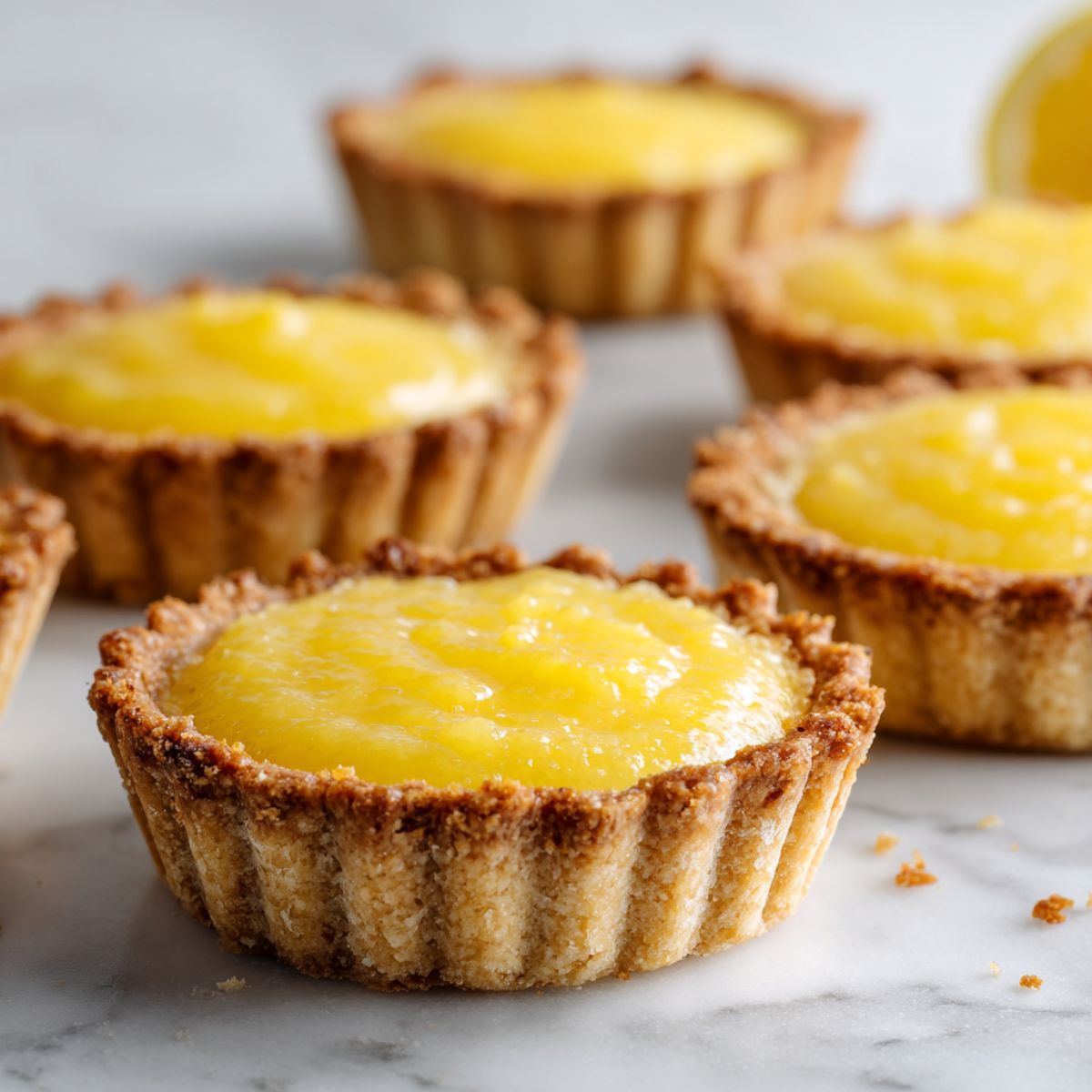 Homemade mini lemon tarts recipe filled with lemon curd, slightly rustic look, on a white kitchen counter, overhead view.