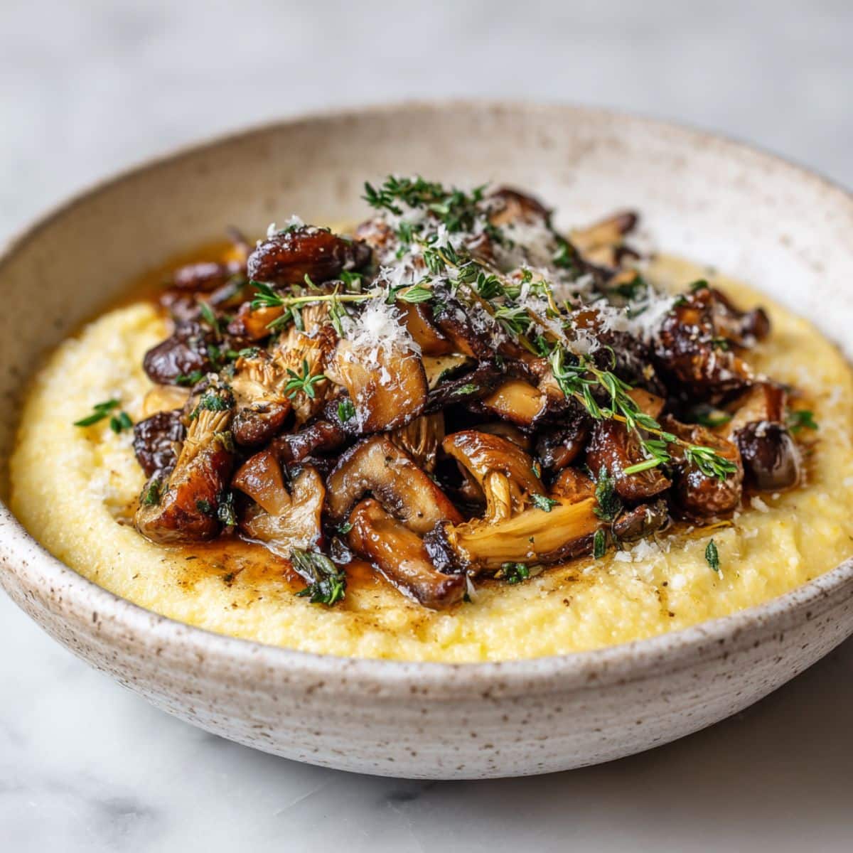 Creamy Polenta with Mushrooms Recipe topped with sautéed mushrooms, parmesan, and fresh thyme in a rustic bowl on a white kitchen counter.