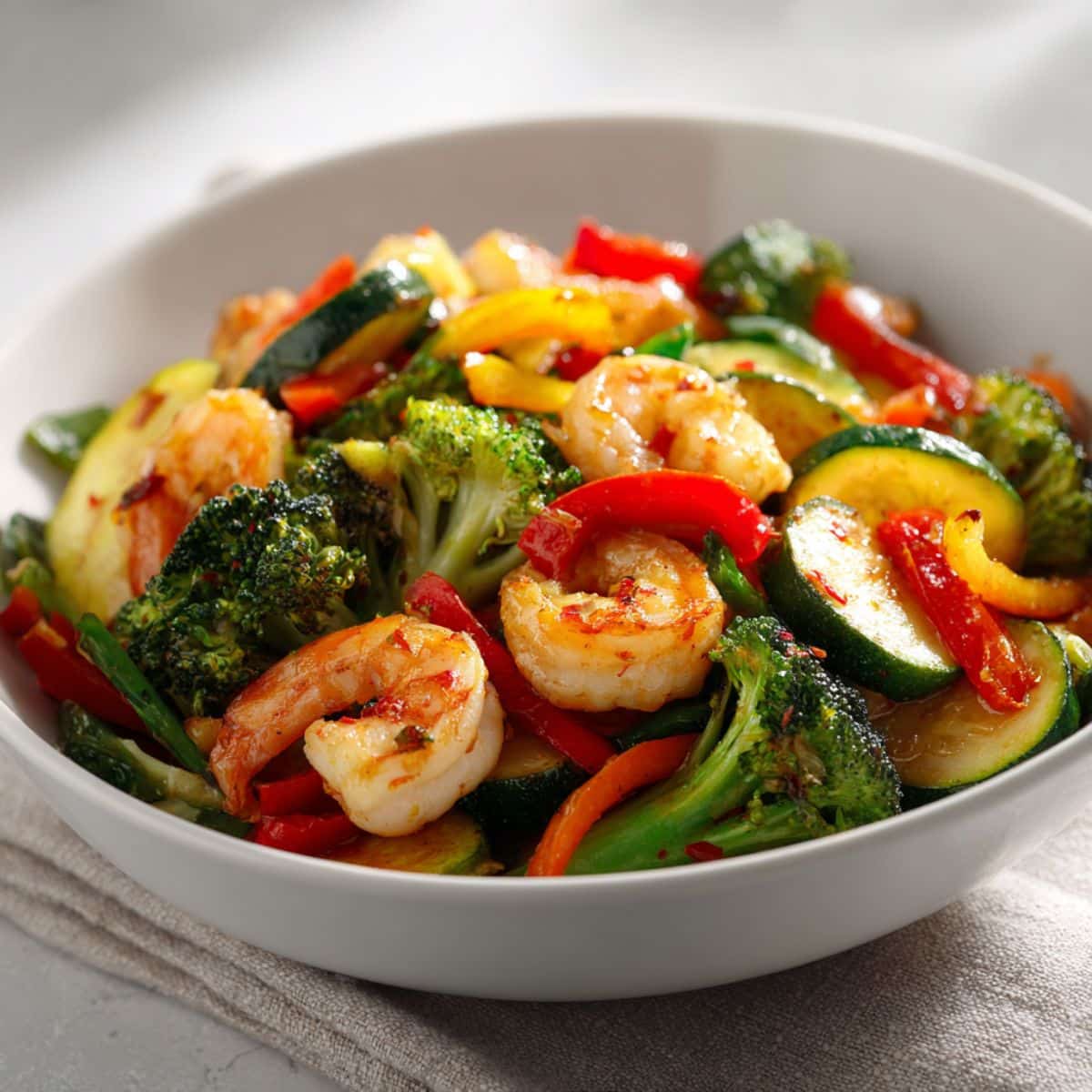 Homemade Shrimp Stir Fry with Veggies Recipe with colorful vegetables in a white bowl, photographed from above on a white kitchen counter.