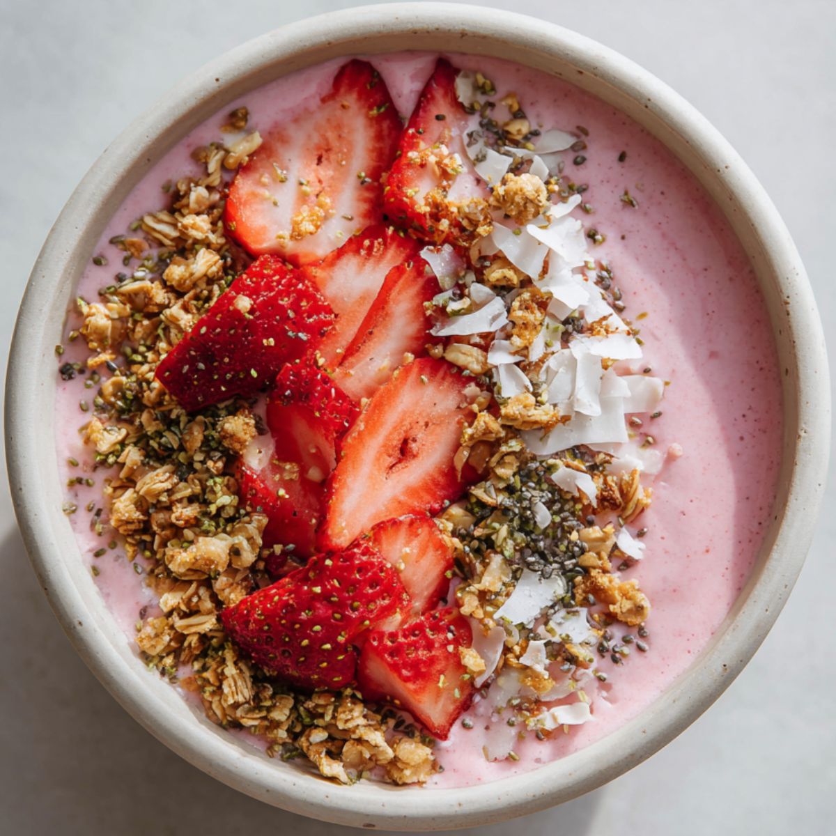 Homemade strawberry smoothie bowl recipe with fresh strawberries, granola, and coconut flakes on a white kitchen counter, overhead view.