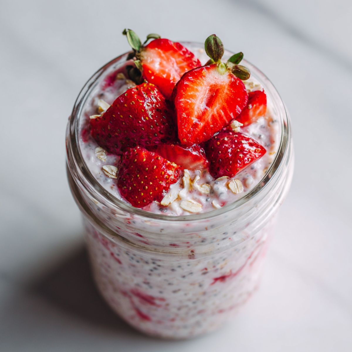 Homemade strawberry chia overnight oats recipe served in a glass jar on a white kitchen counter, topped with fresh strawberries and chia seeds.