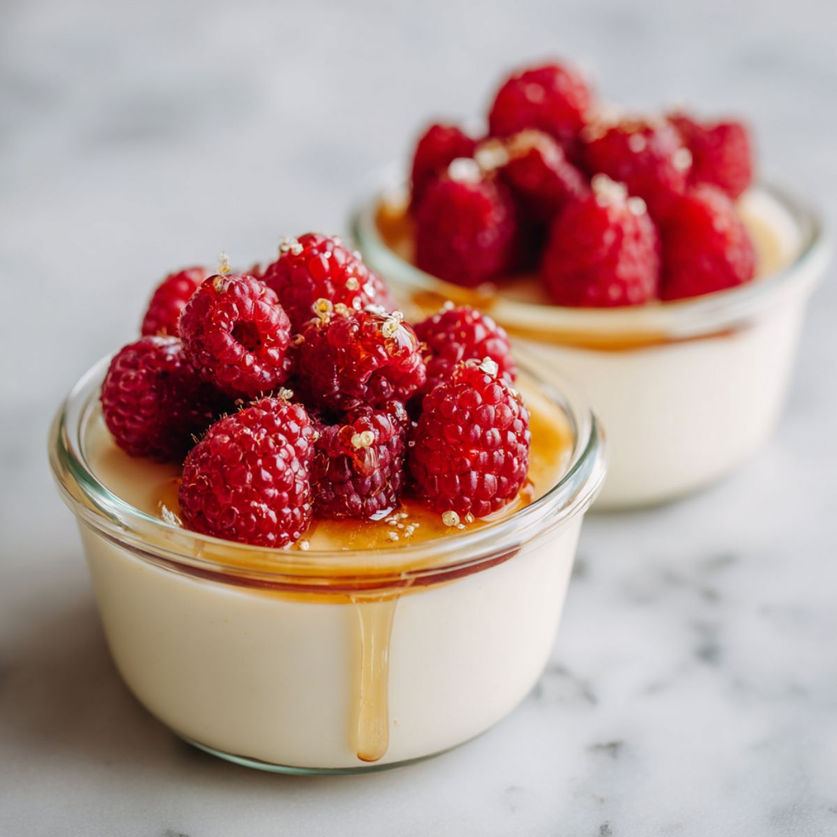 Homemade vanilla bean panna cotta recipe in glass ramekins topped with fresh raspberries and honey drizzle, photographed overhead on a white marble counter.