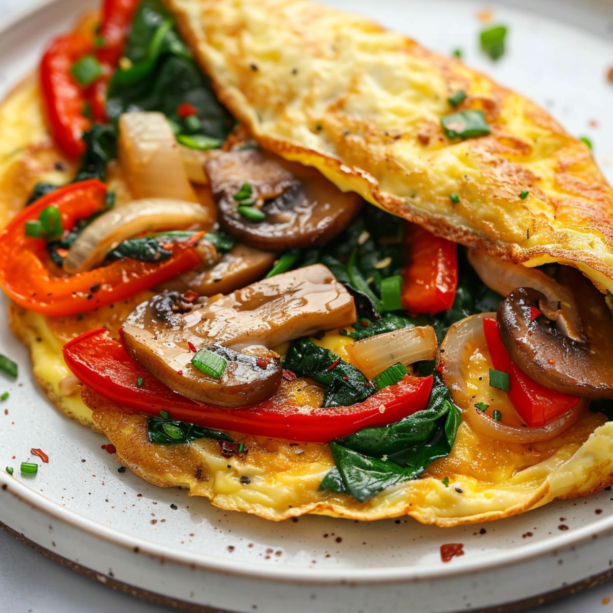 Homemade vegetable omelette recipe on a rustic plate with colorful vegetables, shot overhead on a white kitchen counter.