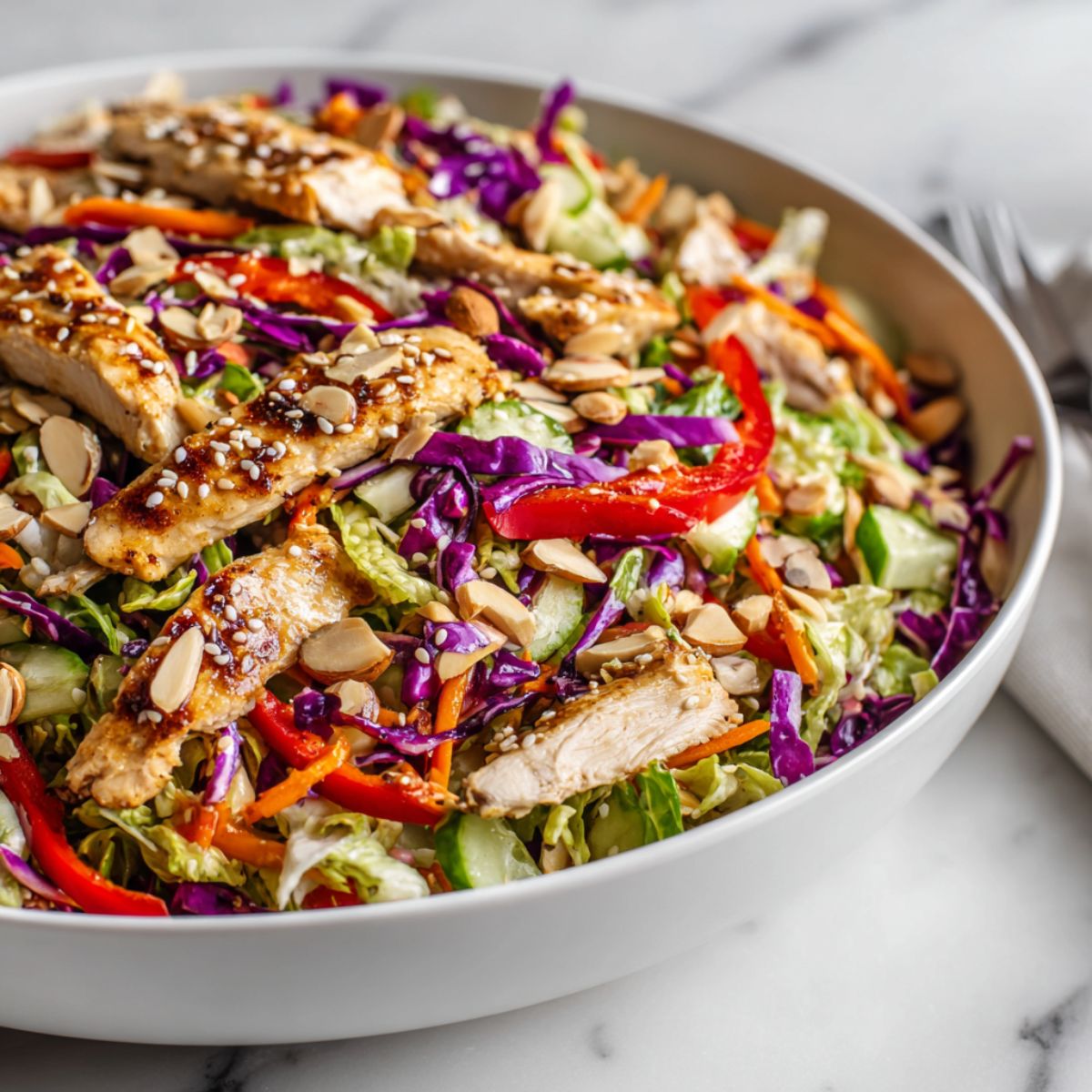 Fresh homemade Asian sesame chicken salad recipe in a white bowl with vegetables and sesame dressing.

