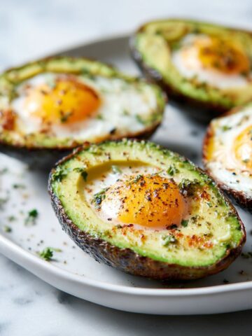 Overhead photo of baked avocado eggs recipe on a white marble counter with runny yolks, photographed in a homemade style.