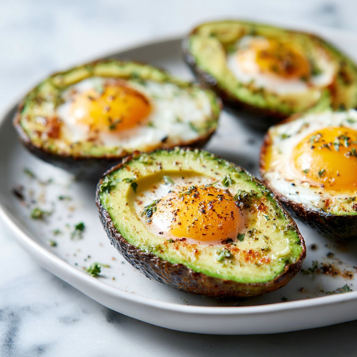 Overhead photo of baked avocado eggs recipe on a white marble counter with runny yolks, photographed in a homemade style.