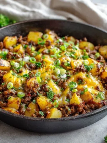 Homemade beef and potato skillet recipe in a cast iron pan, topped with cheddar, parsley, and green onions, on a white kitchen counter.