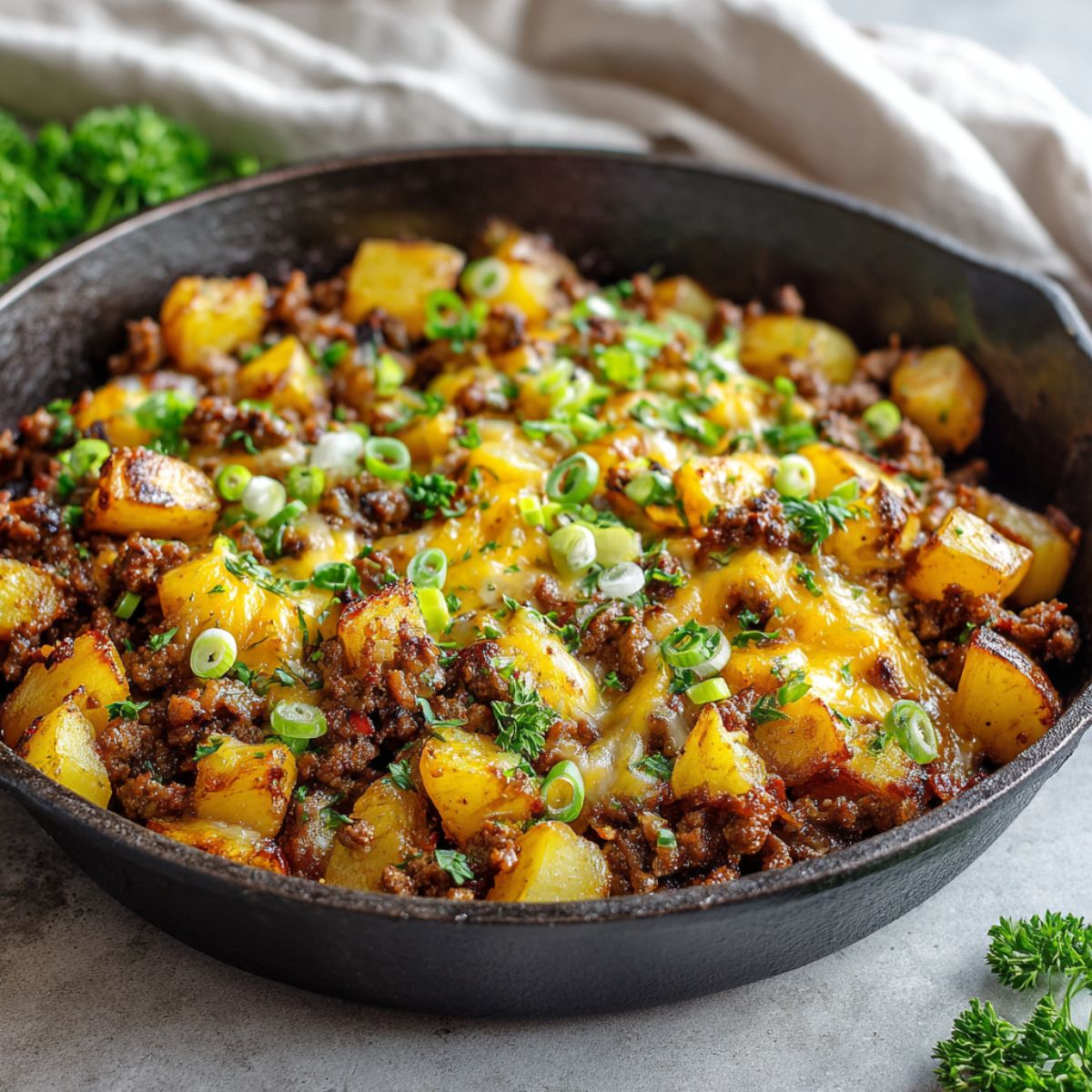 Homemade beef and potato skillet recipe in a cast iron pan, topped with cheddar, parsley, and green onions, on a white kitchen counter.