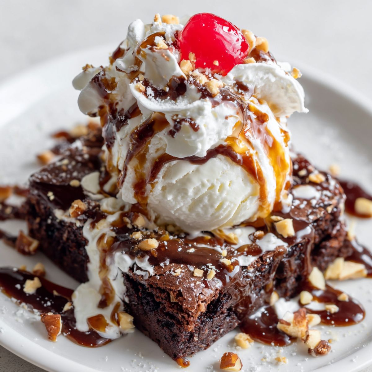 Homemade chocolate brownie sundae recipe with ice cream, fudge, caramel, whipped cream, and cherry on a white kitchen counter, photographed from above.