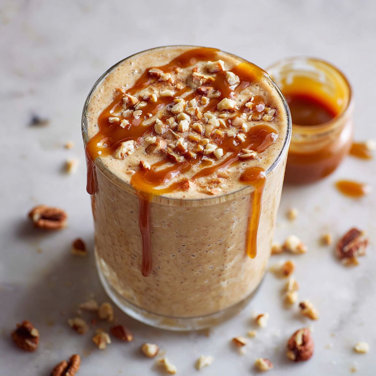 Homemade caramel smoothie recipe in a glass topped with caramel sauce and nuts on white marble countertop