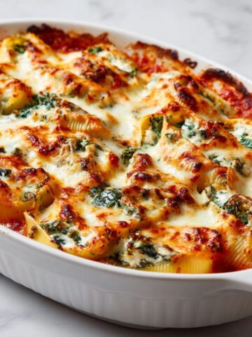 Overhead view of a baking dish filled with golden cheesy chicken and spinach stuffed shells recipe on a white marble counter, rustic and homemade style.