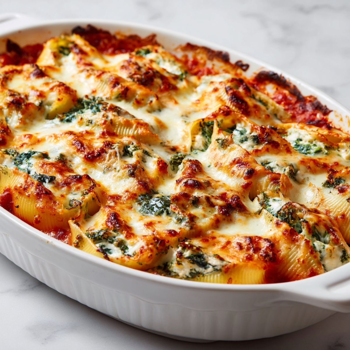 Overhead view of a baking dish filled with golden cheesy chicken and spinach stuffed shells recipe on a white marble counter, rustic and homemade style.