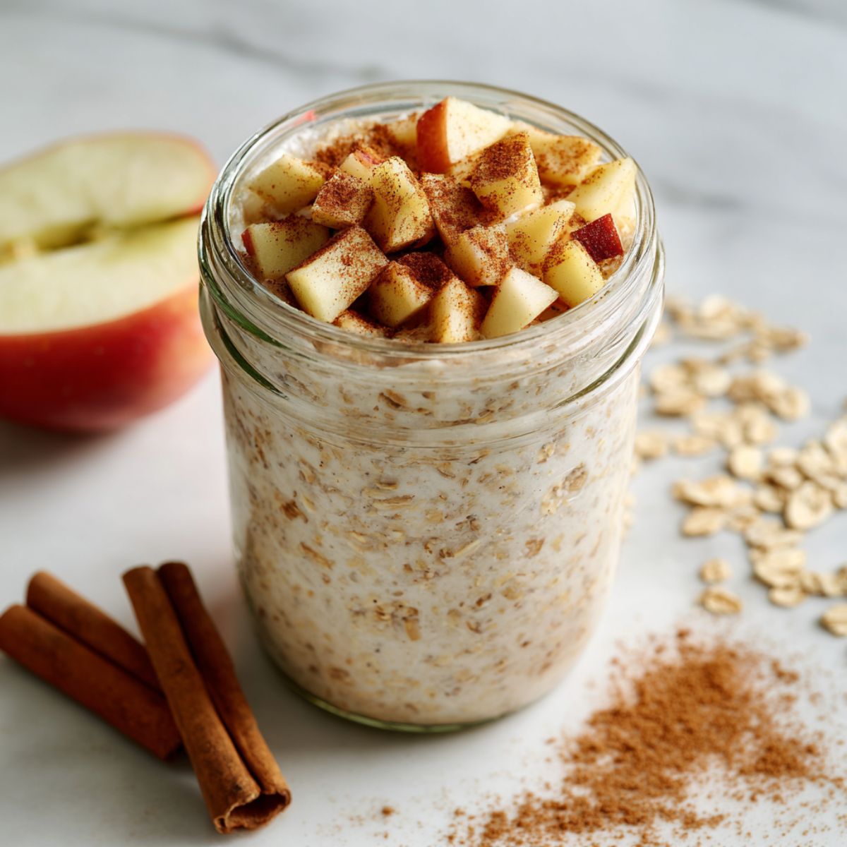 Homemade cinnamon apple overnight oats recipe in a glass jar on a white marble kitchen counter, photographed from above.