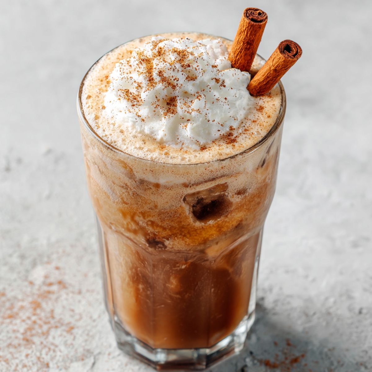 Homemade cinnamon iced coffee recipe with cinnamon garnish on white kitchen counter

