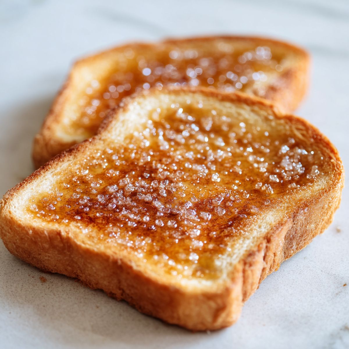 Golden brown homemade cinnamon sugar butter toast recipe on a white kitchen counter.