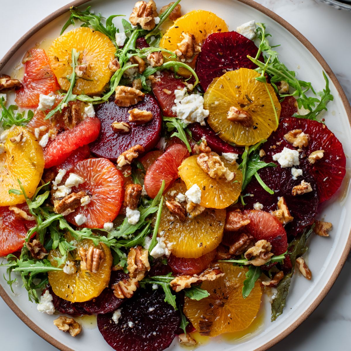 Overhead view of vibrant citrus beet salad with goat cheese recipe and nuts on a white kitchen counter