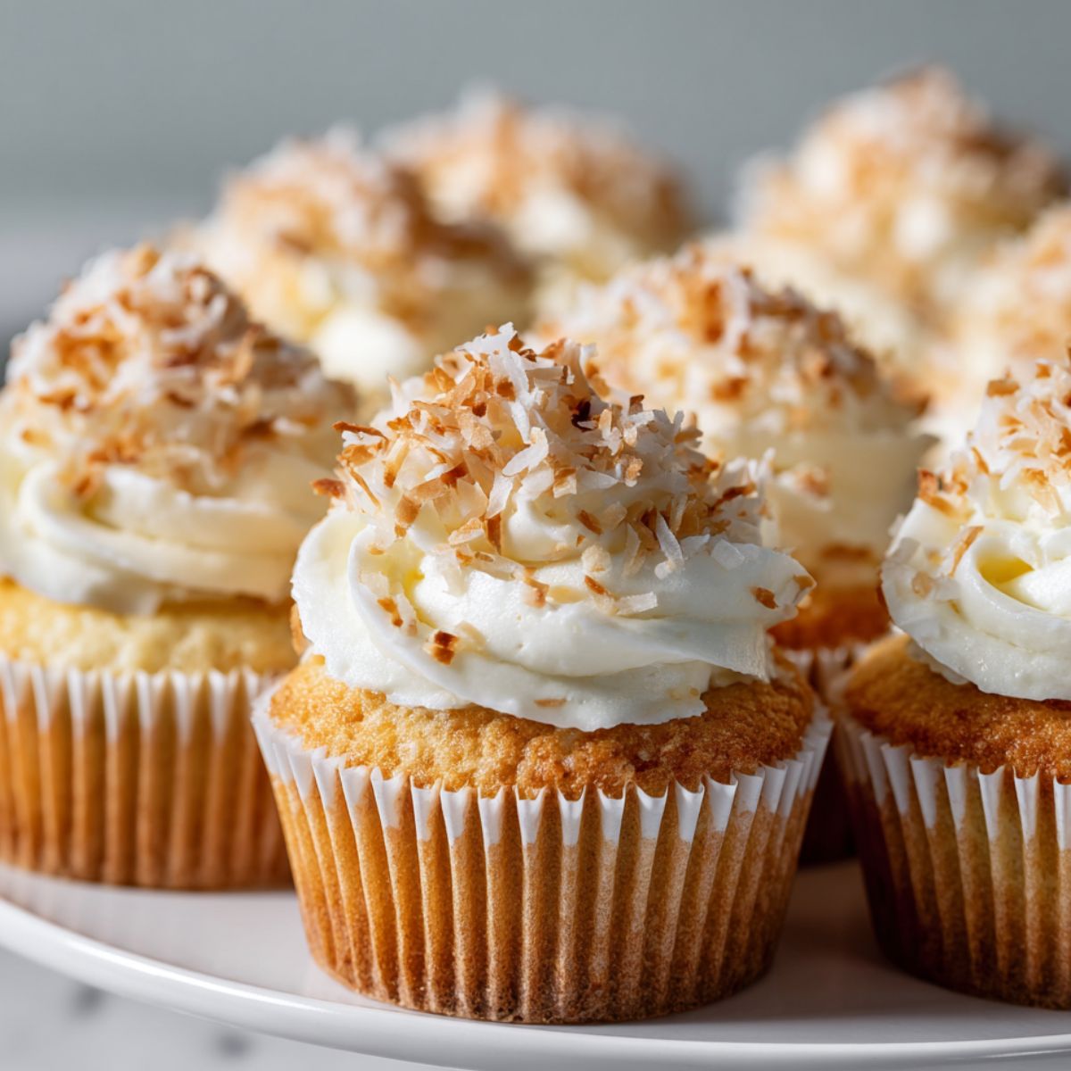 Homemade coconut cream cupcakes recipe with coconut frosting and toasted coconut flakes on a white kitchen counter, shot from above.