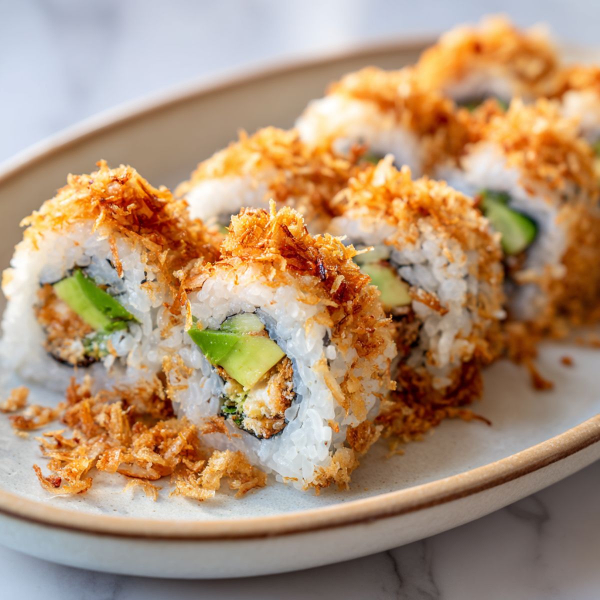 Freshly sliced crunchy California roll recipe with avocado, crab, cucumber, and tempura flakes on a white marble counter.