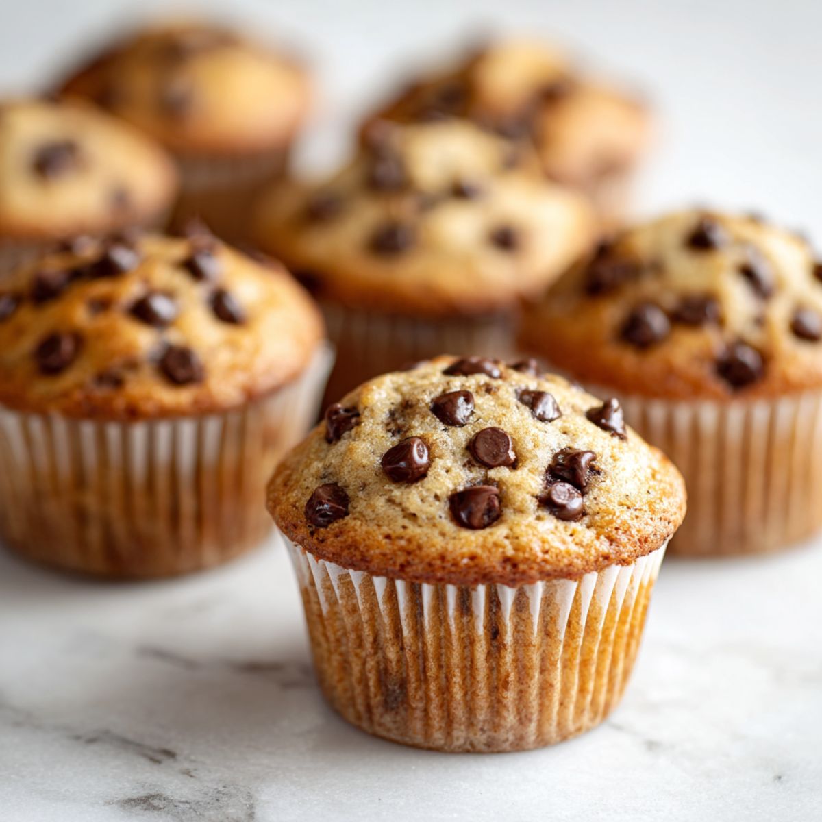 Homemade chocolate chip cupcakes recipe  cooling on a white marble counter, imperfectly rustic with chocolate chips on top.