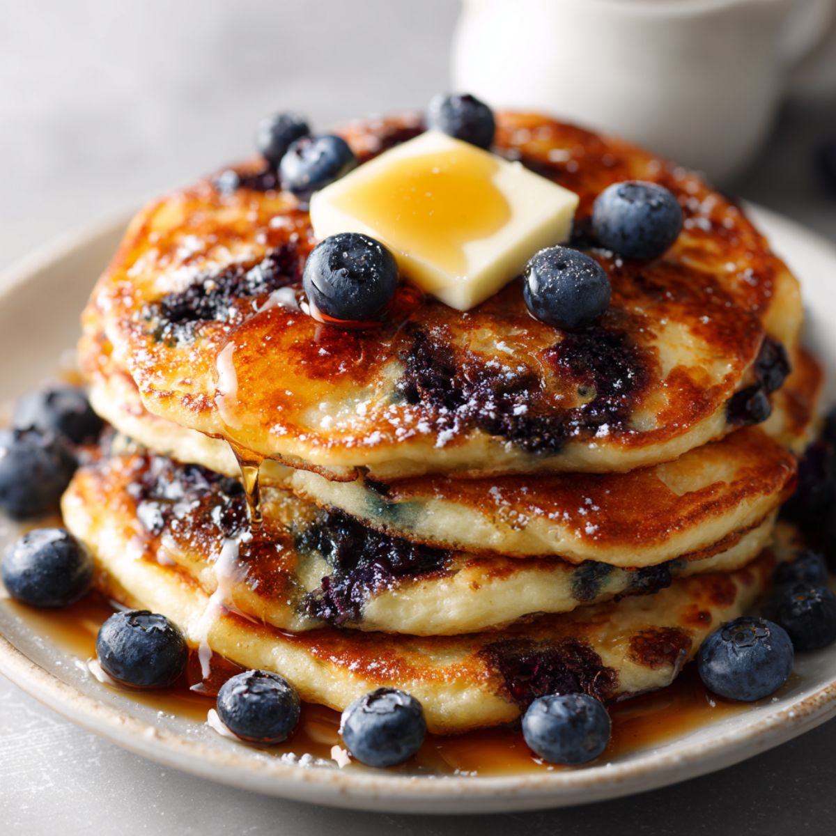 Homemade fluffy blueberry pancakes recipe stacked with butter, maple syrup, and fresh blueberries on a white kitchen counter, overhead shot.