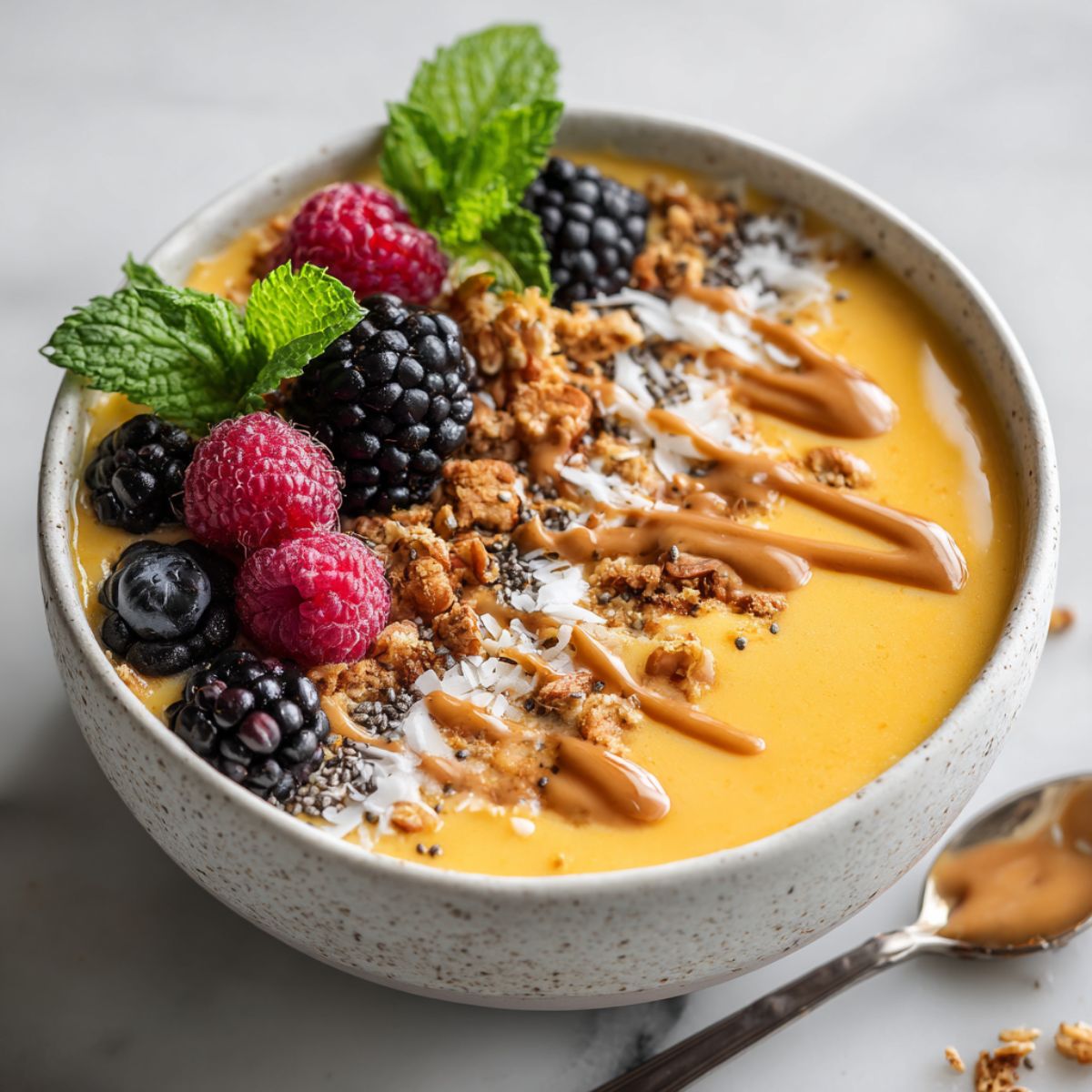 Overhead shot of a homemade mango smoothie bowl recipe topped with granola, berries, chia seeds, and coconut flakes on a white marble kitchen counter.
