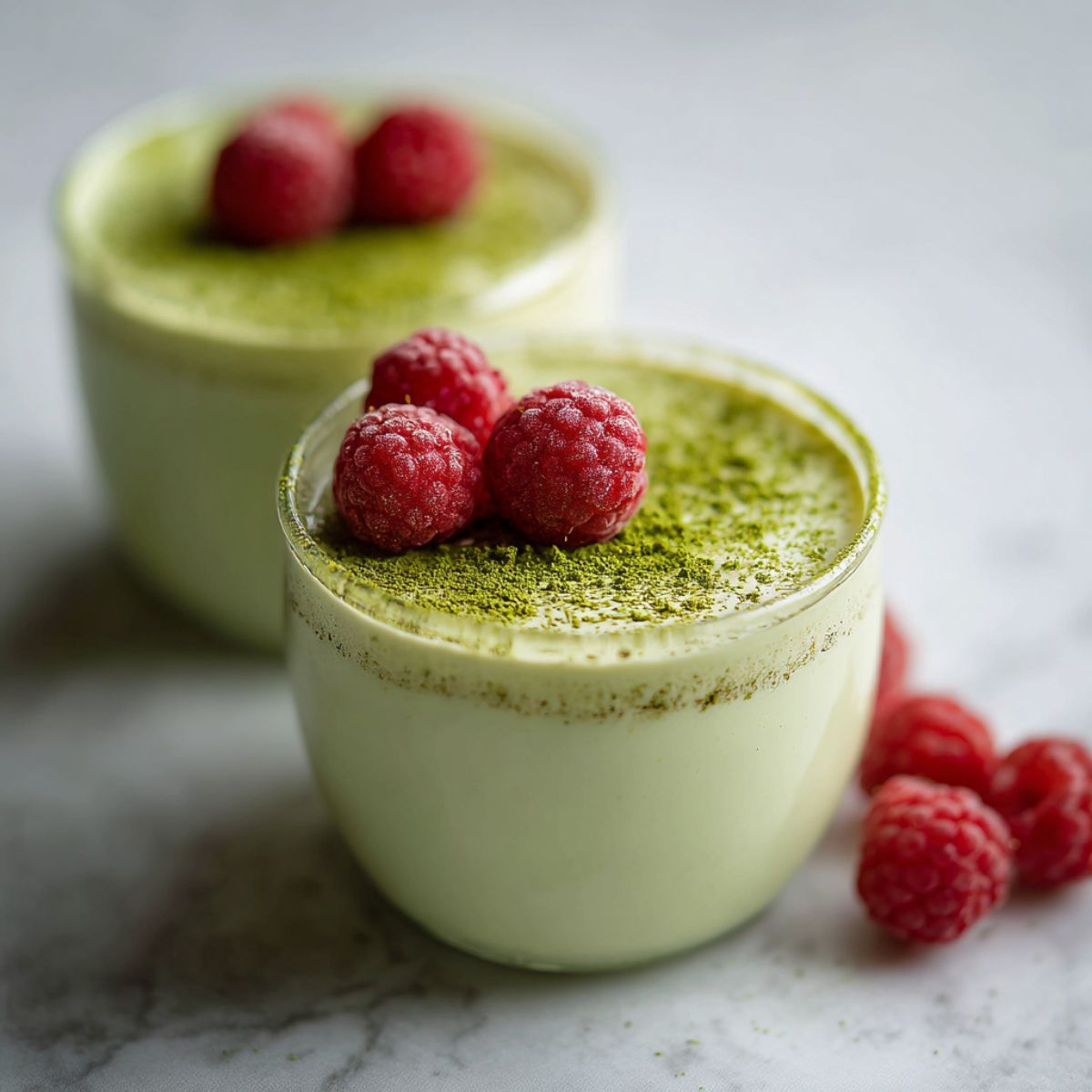 Overhead view of homemade matcha panna cotta recipe in glass ramekins on a white kitchen counter with raspberries and matcha powder, captured in a natural homemade style.