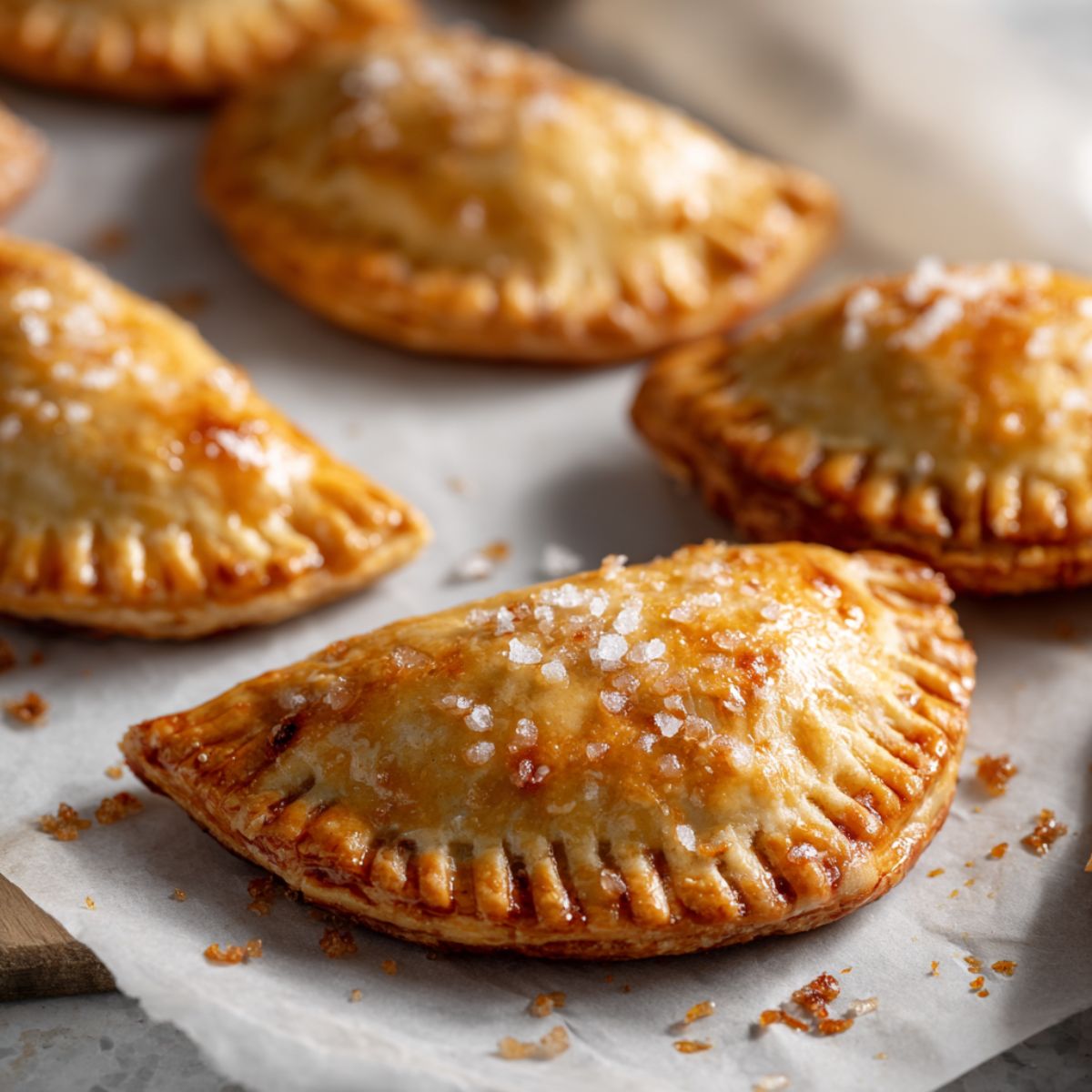 Overhead photo of golden brown mini apple hand pies recipe with rustic crimped edges on parchment paper, sprinkled with sugar, on a white kitchen counter.