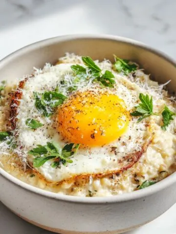 Homemade savory oatmeal with egg recipe topped with fried egg, parmesan, and herbs on a white kitchen counter.
