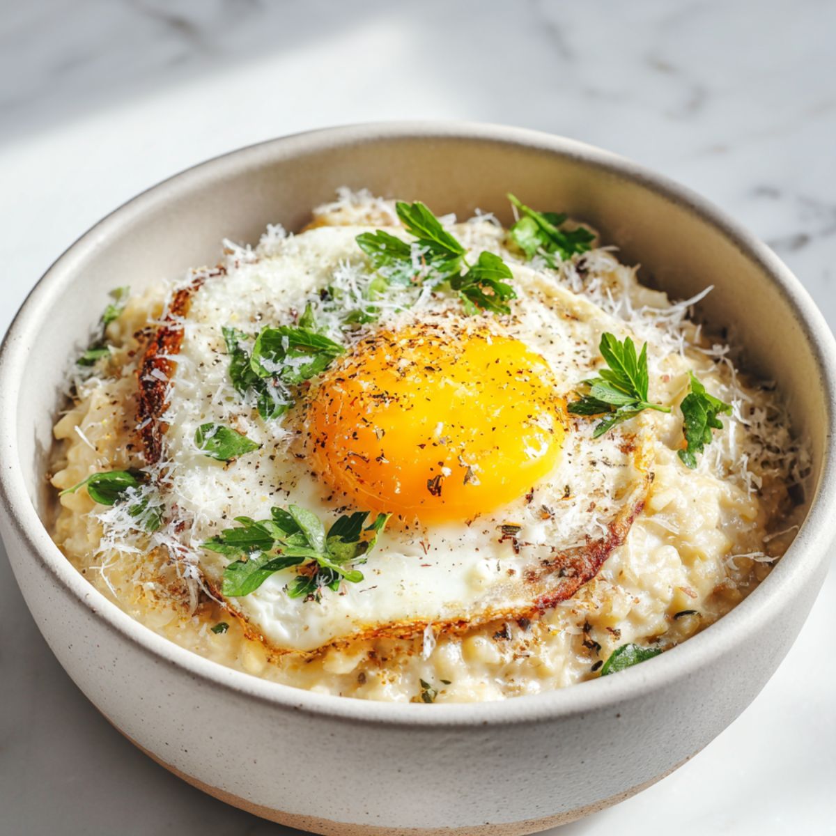 Homemade savory oatmeal with egg recipe topped with fried egg, parmesan, and herbs on a white kitchen counter.