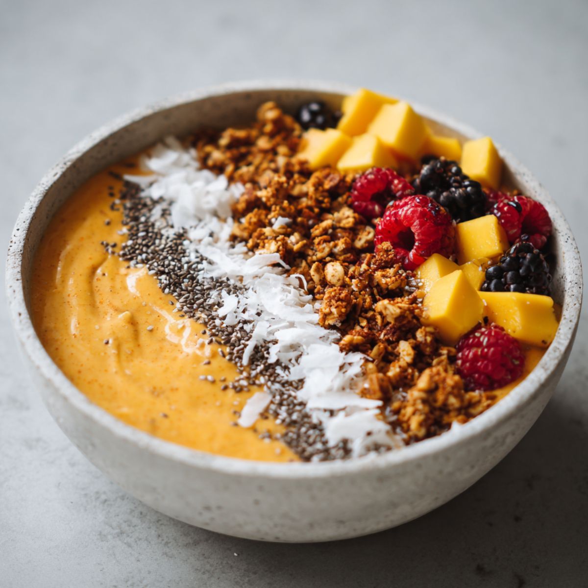 Homemade papaya smoothie bowl recipe topped with granola, chia seeds, mango, and berries on a white kitchen counter.