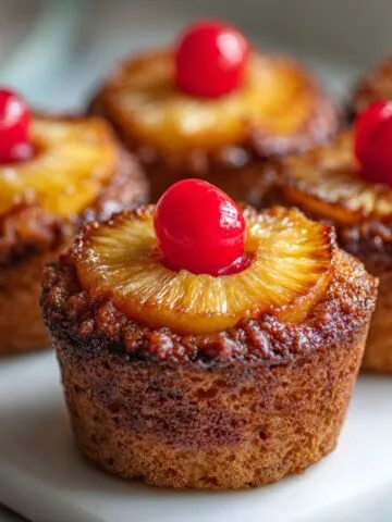 Homemade pineapple upside-down cupcakes recipe with caramelized pineapple rings and cherries on a white kitchen counter, overhead shot.