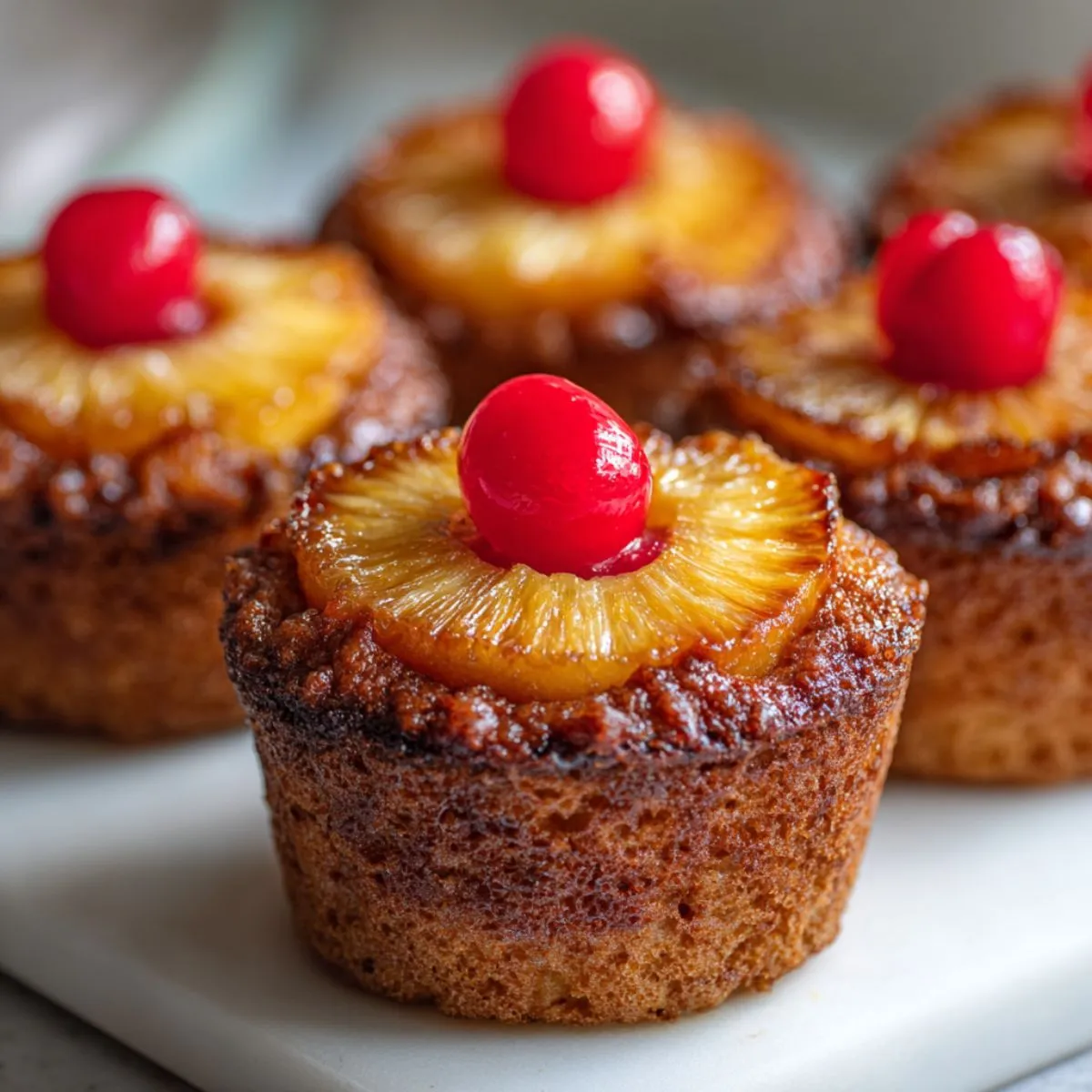 Homemade pineapple upside-down cupcakes recipe with caramelized pineapple rings and cherries on a white kitchen counter, overhead shot.