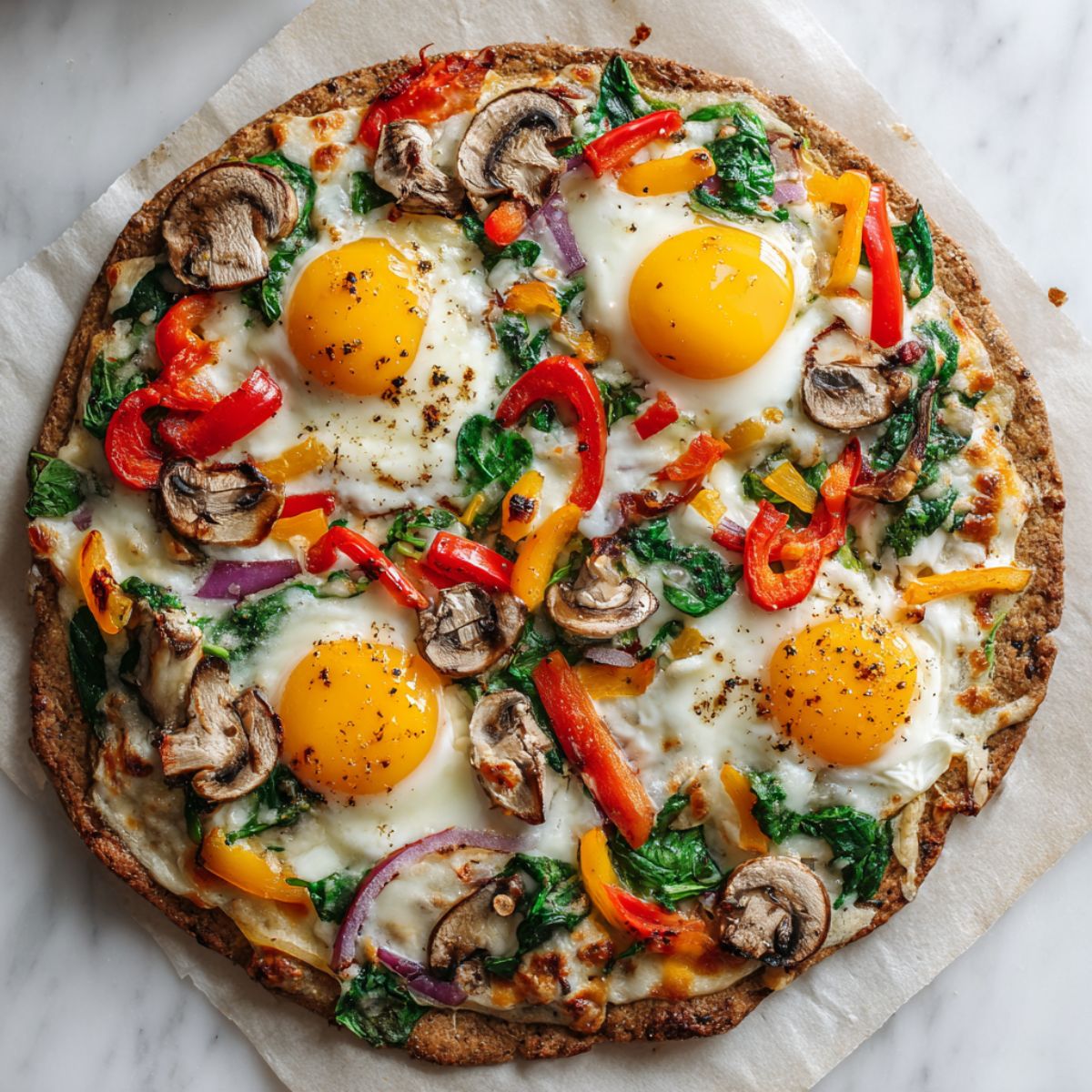 Homemade veggie breakfast pizza recipe with eggs, spinach, bell peppers, mushrooms, and cheese on a white kitchen counter shot from above.