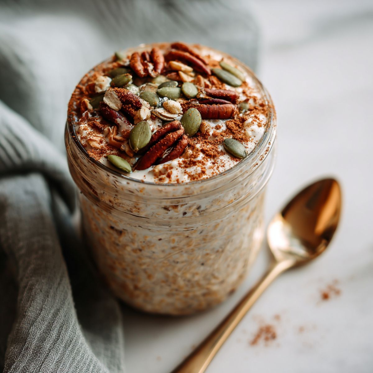 Overhead shot of pumpkin spice overnight oats recipe in a jar on a white marble counter, topped with pecans and pumpkin seeds, homemade style.
