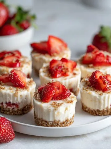Overhead view of homemade strawberry cheesecake bites recipe on a white plate with fresh strawberries scattered on a white kitchen counter.