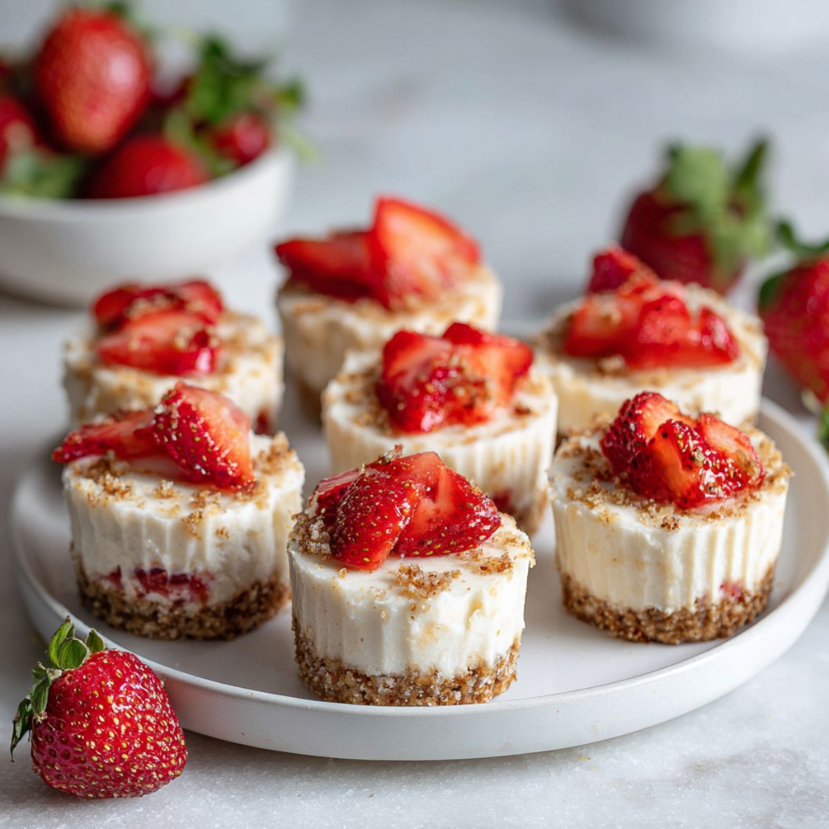 Overhead view of homemade strawberry cheesecake bites recipe on a white plate with fresh strawberries scattered on a white kitchen counter.