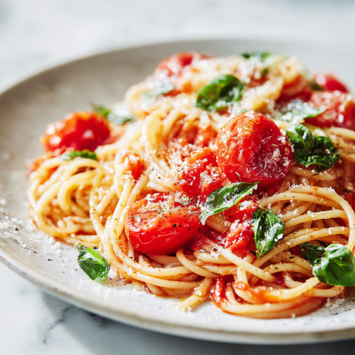 Fresh homemade tomato basil spaghetti recipe served on a white marble counter.