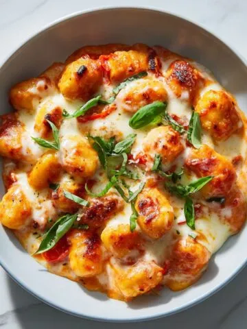 Overhead shot of a homemade tomato gnocchi recipe bowl with creamy tomato sauce, mozzarella, and fresh basil on a white marble kitchen counter.