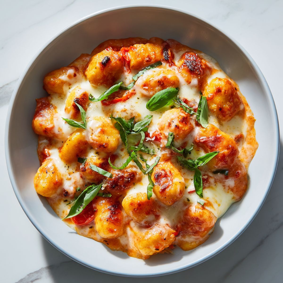 Overhead shot of a homemade tomato gnocchi recipe bowl with creamy tomato sauce, mozzarella, and fresh basil on a white marble kitchen counter.