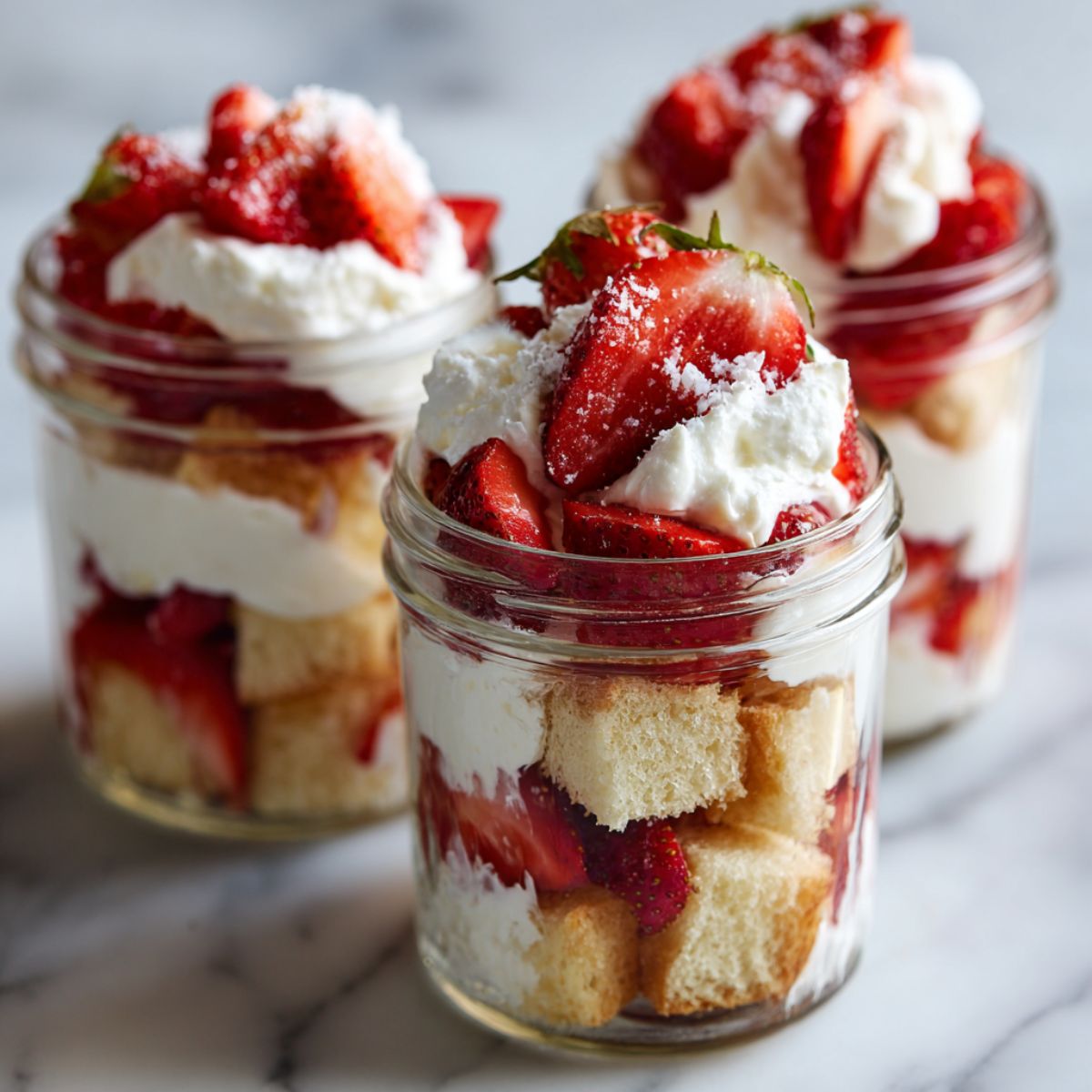 Close-up overhead shot of homemade strawberry shortcake trifles recipe in glass jars with layers of strawberries, cream, and cake on a white marble counter.