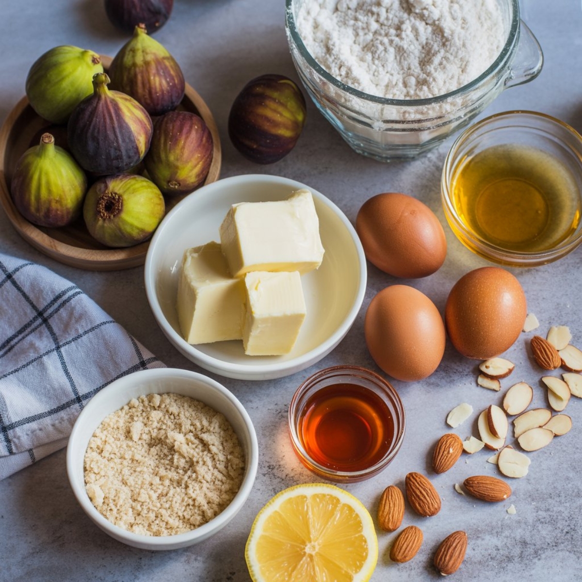 Ingredients for homemade fig tart recipe on a white kitchen counter