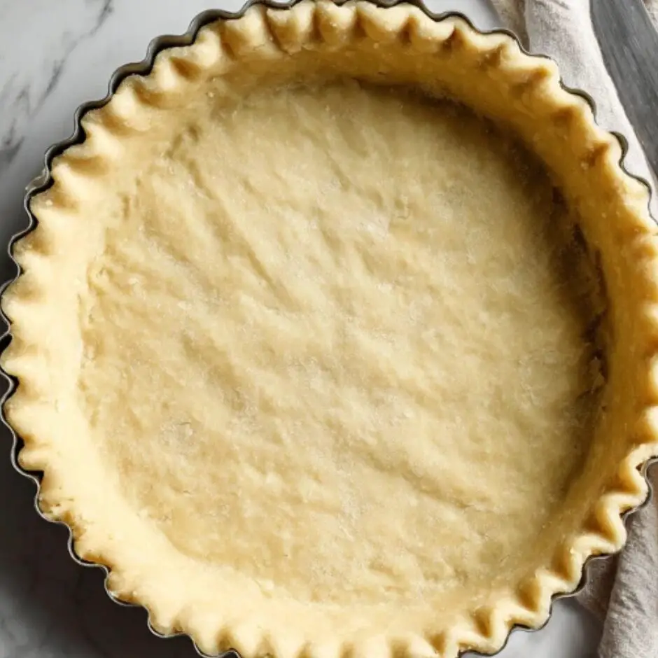 Homemade tart dough pressed into pan with fork marks on white counter