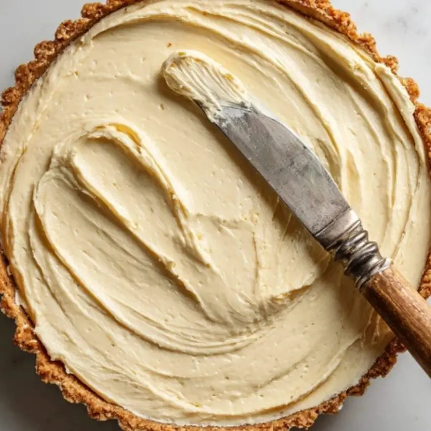Tart shell filled with creamy almond filling on white counter