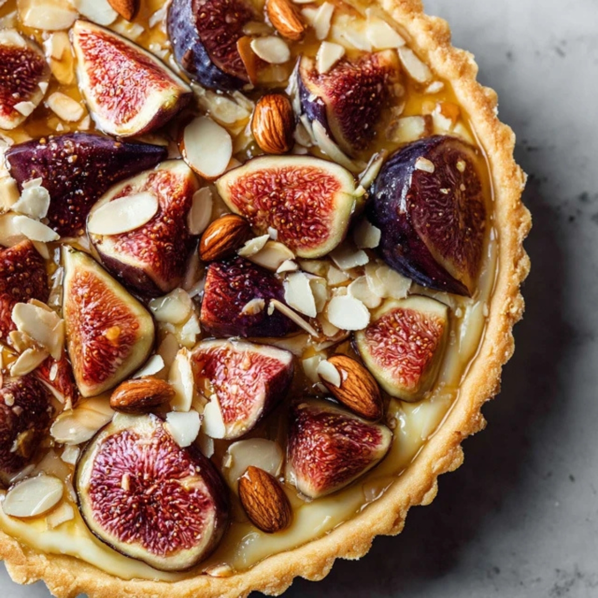 Fresh figs arranged in tart shell with almonds and honey drizzle
