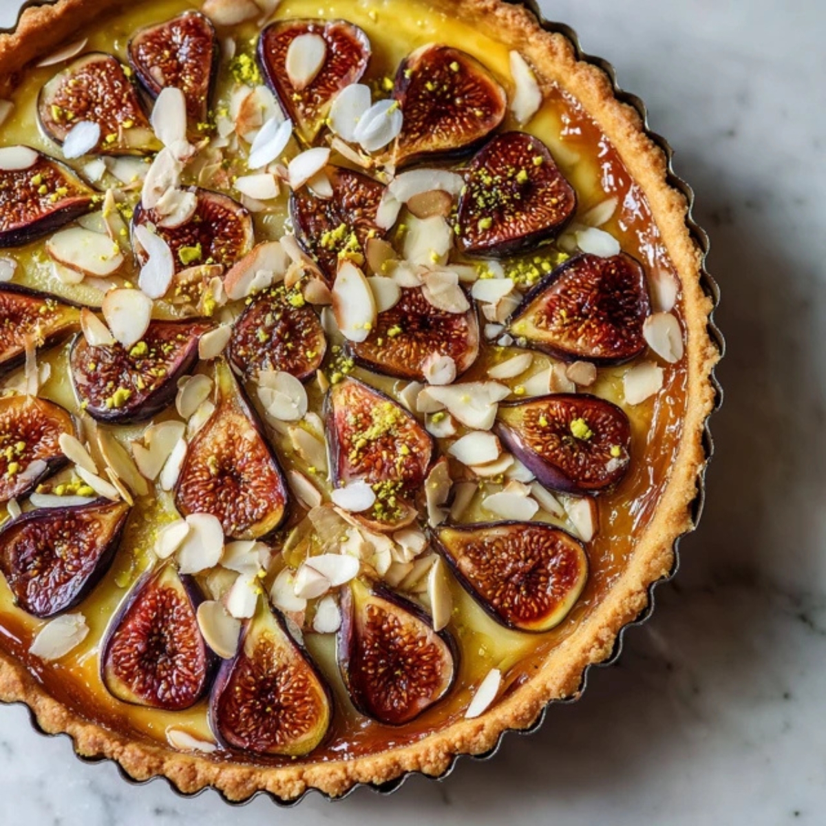 Freshly baked fig tart with figs, honey, and almonds on white counter