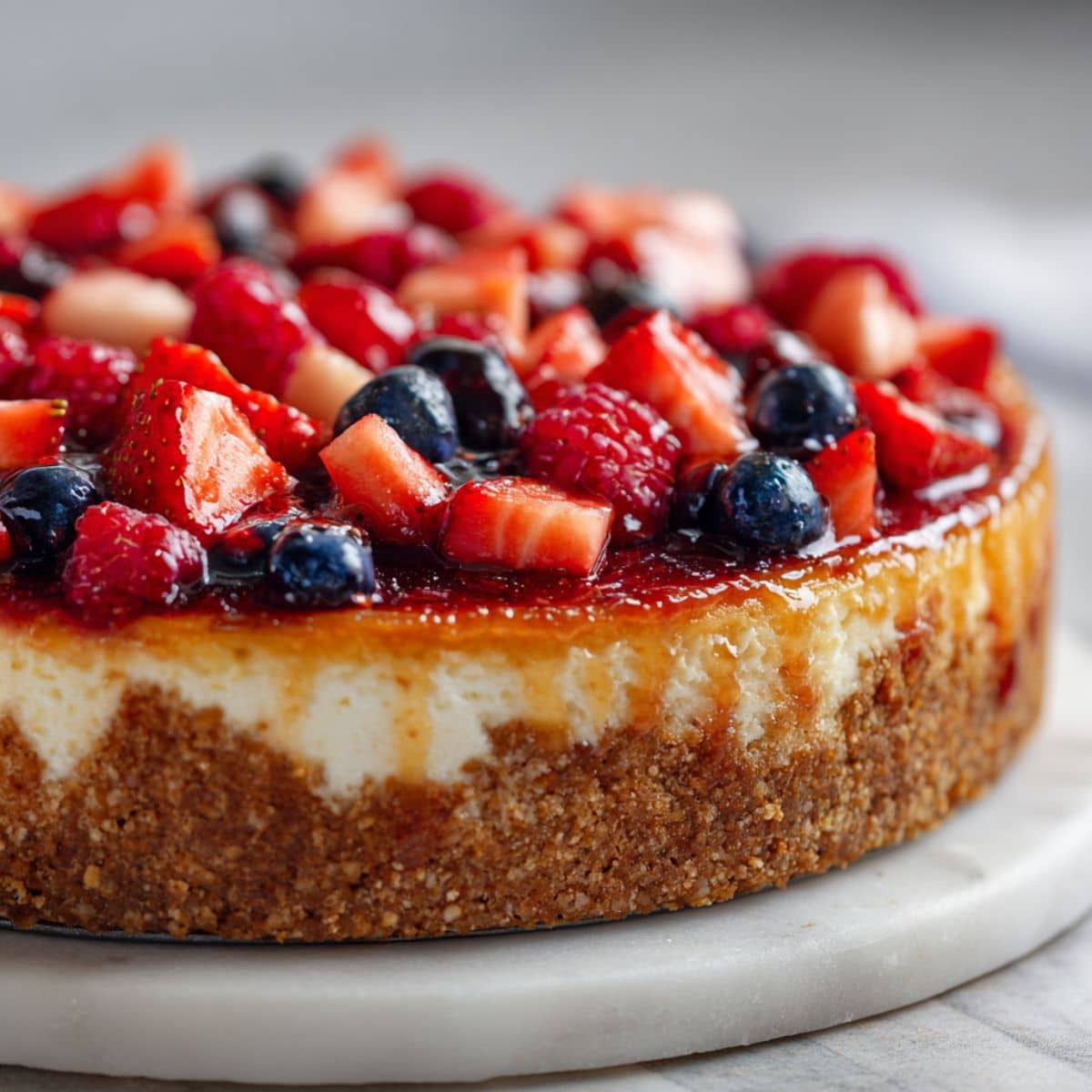 Fruit cheesecakes recipe topped with fresh strawberries, blueberries, and raspberries on a white marble counter, photographed overhead with a natural rustic look.