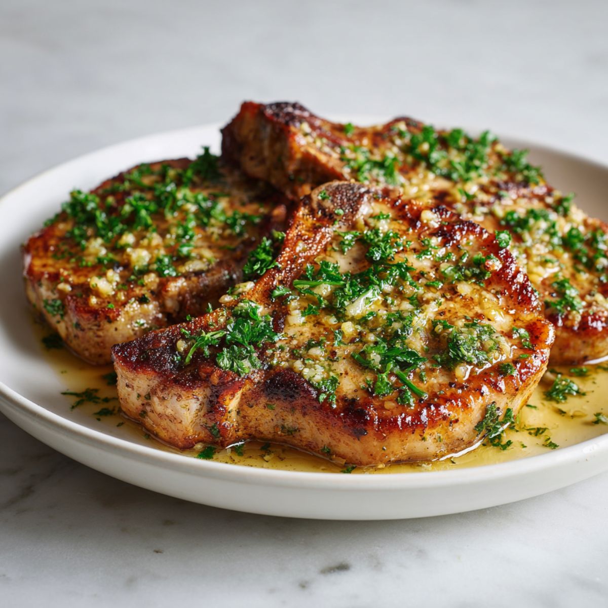 Juicy garlic butter pork chops recipe served on a white plate with sauce and herbs, homemade on a white kitchen counter.