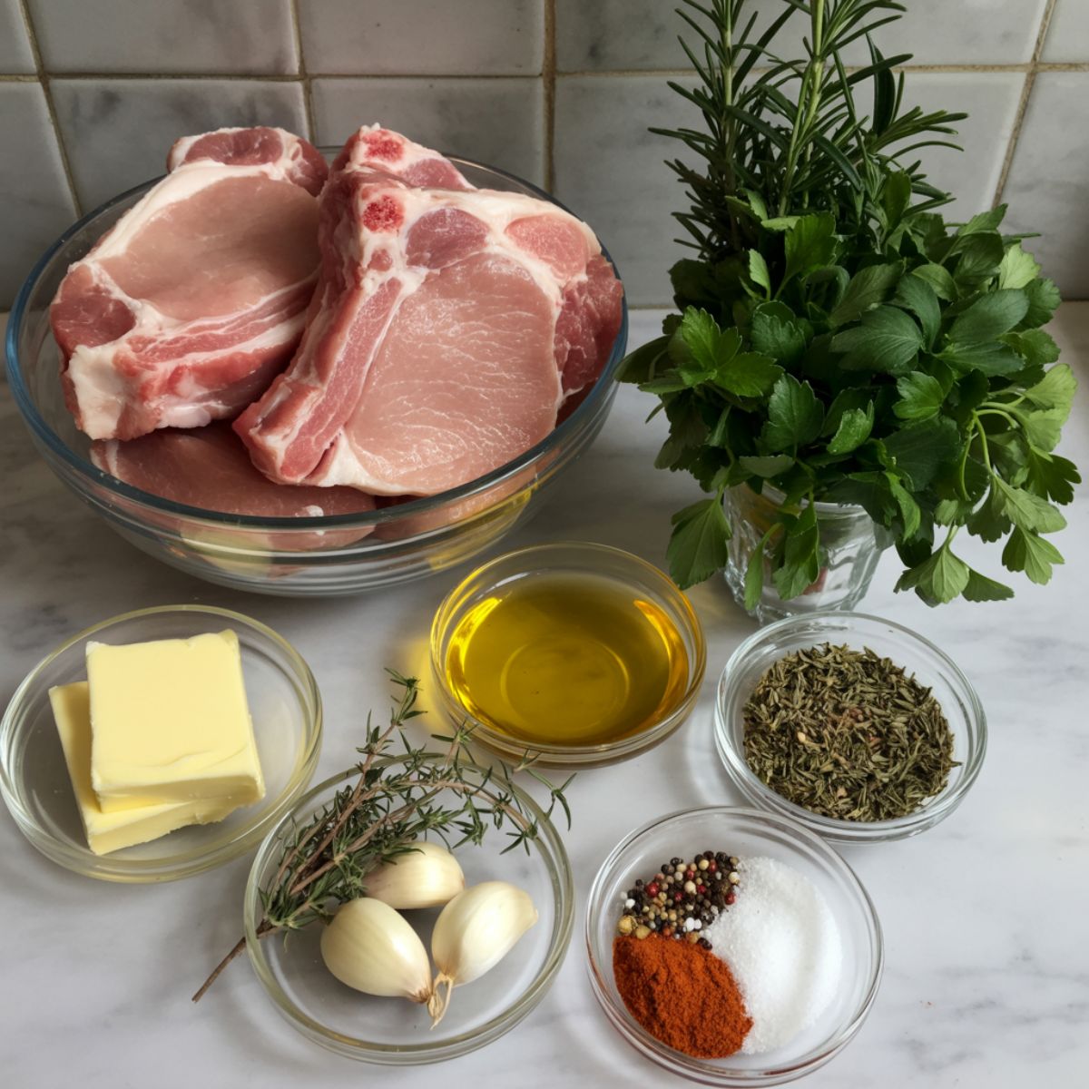 Raw pork chops, garlic, butter, and fresh herbs arranged casually on a white kitchen counter for garlic butter pork chops recipe.